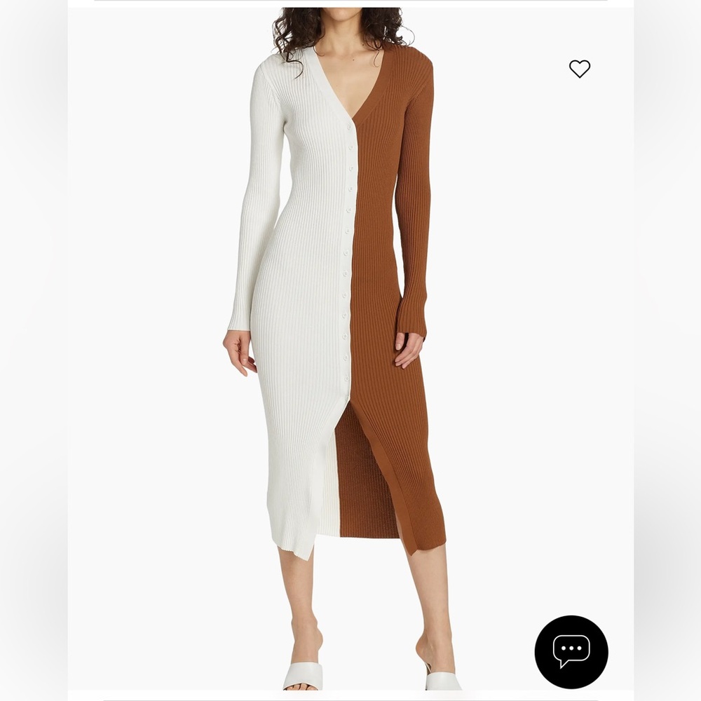 STAUD Two-Tone Ribbed Button-Front Midi Dress - White & Brown
